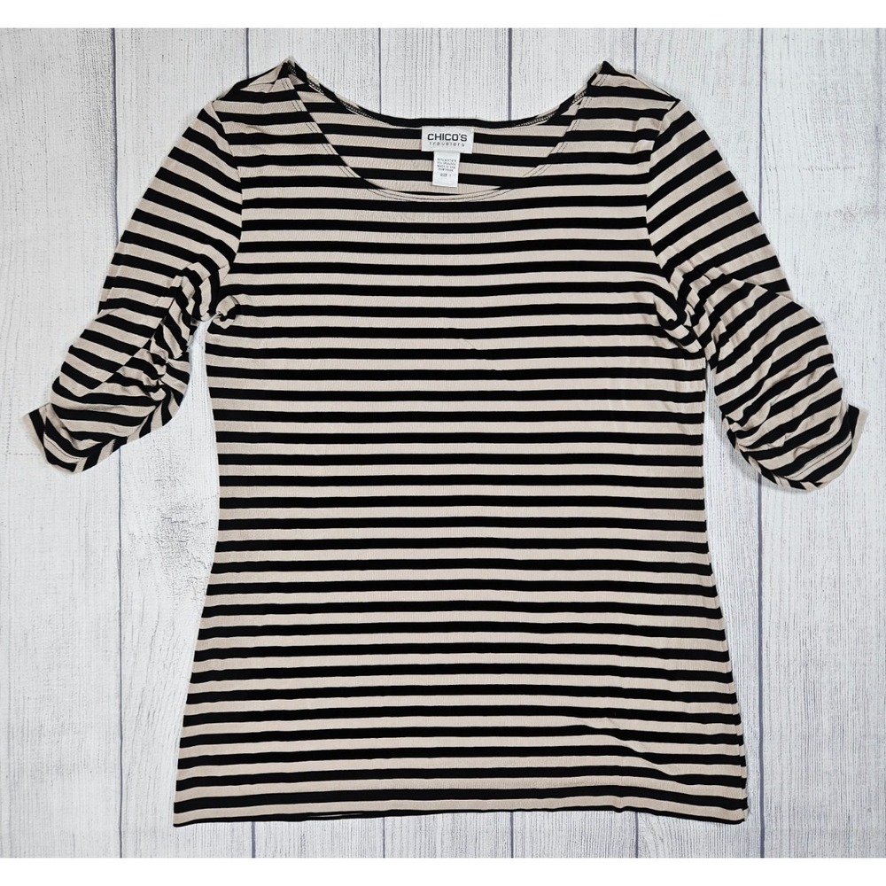 Chico's Travelers Top Womens Medium Black Beige Striped 3/4 Sleeve Stretch Tee